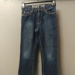 Dark wash bootcut jeans with adjustable waist